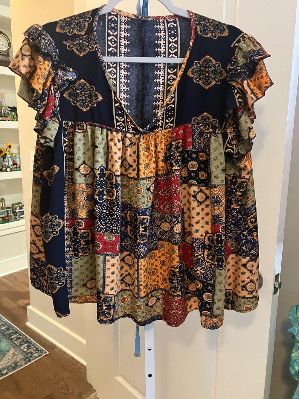 Boho Patchwork Flutter Sleeve V-Neck Top in Navy Multi